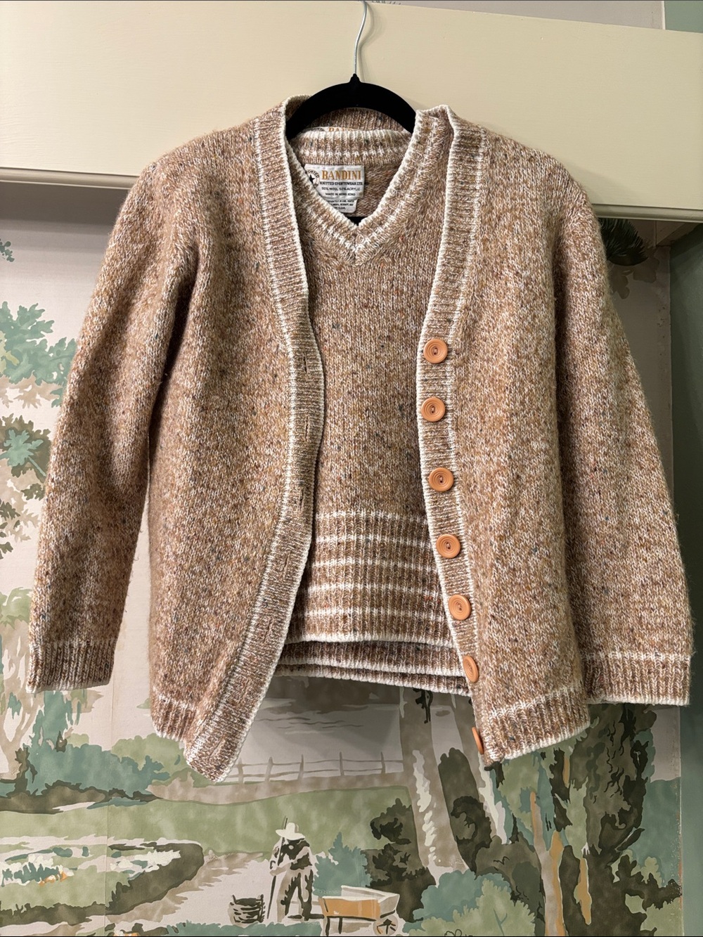 Vintage Tan Wool Blend V-Neck Sweater & Cardigan Set